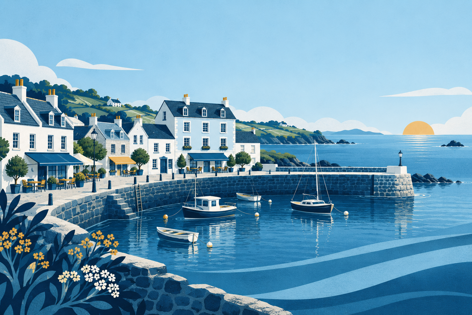 An illustrated island harbour with independent shops, a café and small hotel